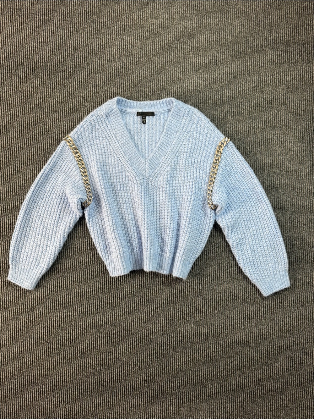 White House Black Market Light Blue Chain Sleeve V-Neck Sweater XL - Wool Blend